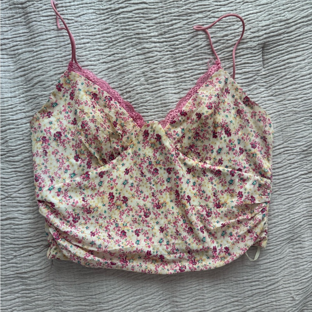 Princess Polly Pink and White Ruched Crop Camisole